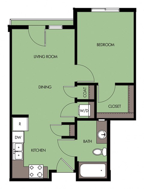 Floor plan for 1 bed, 1 bath, 578 sqft